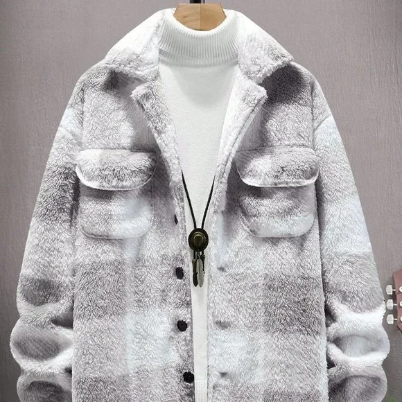 Light Grey Preppy Mens Buffalo Plaid Pattern Flap Pocket Coat - Picture 2 of 5